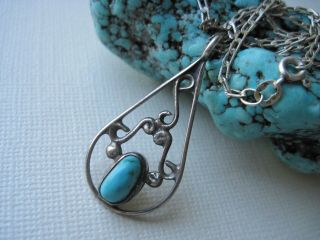 Vintage Navajo Piaso Turquoise & Sterling Silver Pendant On A Sterling Necklace