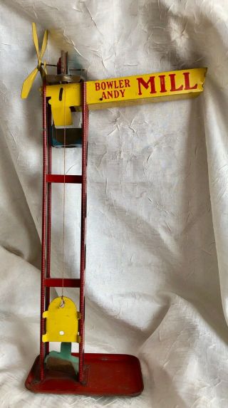 Vintage Wolverine Tin Litho Toy.  Bowler Andy Mill.  19 " H Base,  6.  5 " X 4.  5 "