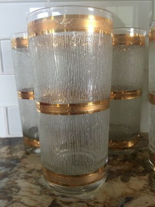 Vintage Culver Texture Gold Glassware Icicle & Gold Bands Hi Ball Set of 8 2