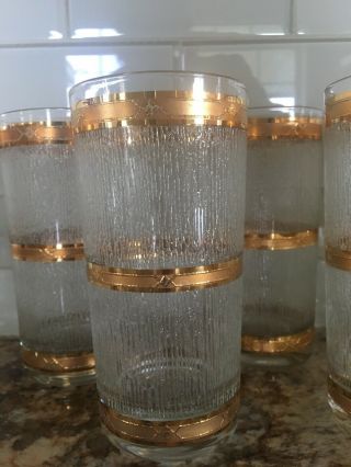 Vintage Culver Texture Gold Glassware Icicle & Gold Bands Hi Ball Set of 8 3
