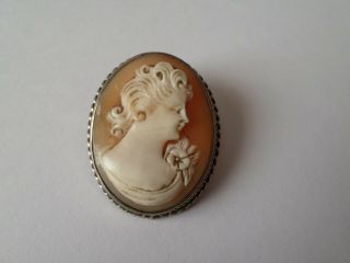 Small Vintage Shell Cameo Pendant Brooch Sterling Silver Frame