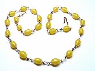 Vintage Art Deco 1930s Custard Yellow Satin Glass Necklace & Rolled Gold Links