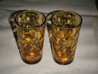 Pair Vintage Hazel Atlas 5 " Drinking Glasses Amber Ccc Optic Dot Thumbprint 1957