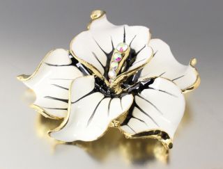Vintage 60’s Chunky White Crystal Glass Rhinestone & Enamel Flower Pin Brooch