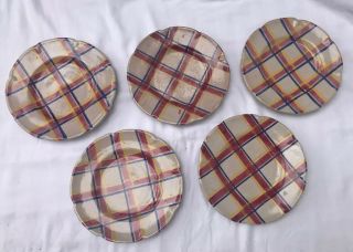 Vintage Set Of 5 Rubicon Italy Plaid Pattern Bread Plates Hand Painted Italian