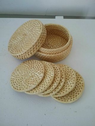 Set Of 6 Vintage Handmade Knit Bamboo Rattan Straw Coasters With Holder