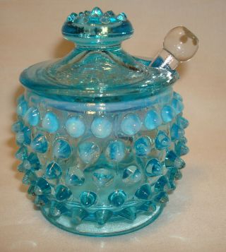 Vintage Fenton Blue Opalescent Hobnail Glass Mustard Condiment Jar W/spoon & Lid