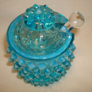 Vintage Fenton Blue Opalescent Hobnail Glass Mustard Condiment Jar w/Spoon & Lid 2