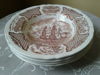4 (four) Vintage Alfred Meakin Fair Winds Brown Rimmed Soup Bowls Sailing Ships