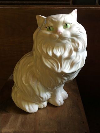 Vintage Large Ceramic Persian Cat White Green Eyes Figurine 14 " Tall Cat Kitten