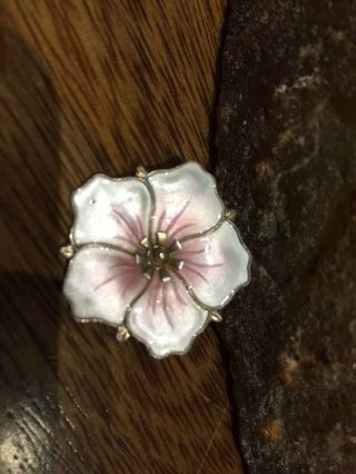 Vintage Norwegian 925 Silver Delicate Pink & White Enamel Flower Brooch Pin