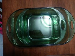 Vtg Anchor Hocking Green Glass Baking Casserole Dish 2pc Set 8 X 8 & 9 X 13