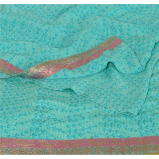Sanskriti Vintage Turquoise Saree 100 Pure Crepe Silk Printed Sari Craft Fabric