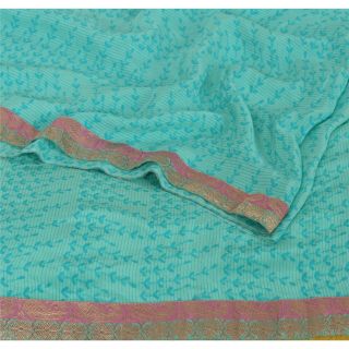 Sanskriti Vintage Turquoise Saree 100 Pure Crepe Silk Printed Sari Craft Fabric 2