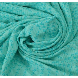 Sanskriti Vintage Turquoise Saree 100 Pure Crepe Silk Printed Sari Craft Fabric 4