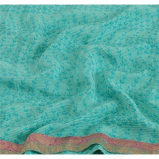 Sanskriti Vintage Turquoise Saree 100 Pure Crepe Silk Printed Sari Craft Fabric 5