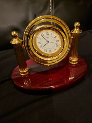 Vintage Linden Brass Desk Clock,  With Wooden Base.