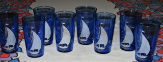 Vintage Set Of 8 Hazel Atlas Blue Sail Boat Drink Glasses