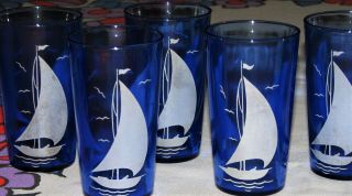 Vintage Set of 8 Hazel Atlas Blue Sail Boat Drink Glasses 2