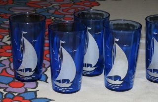 Vintage Set of 8 Hazel Atlas Blue Sail Boat Drink Glasses 4