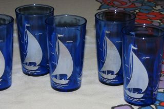 Vintage Set of 8 Hazel Atlas Blue Sail Boat Drink Glasses 5
