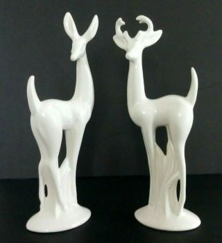Vtg Mid Century Ceramic Art Deco Style White Stag & Deer Figurine Statues 12”