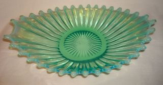Vntg Fostoria Green Opalescent Glass Heirloom Ribbed Oval 8 ½” Bon Bon Bowl Dish