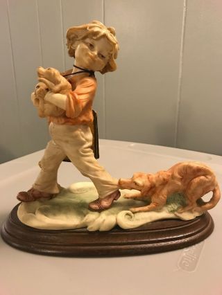Vintage Arnart Boy With His Dogs Puppies Figurine On Base