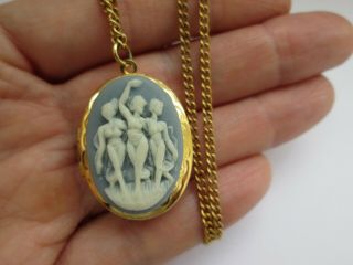 Vintage Victorian Style Gold Three Graces Cameo Photo Locket Pendant Necklace