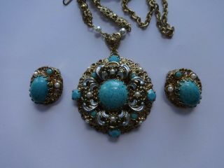 Vintage W.  Germany Glass Faux Turquoise/pearl Necklace/earrings Set