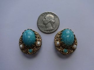 Vintage W.  GERMANY Glass Faux Turquoise/Pearl Necklace/Earrings Set 2