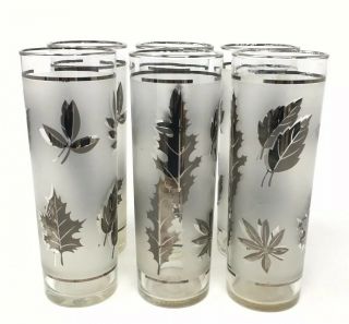 Vintage Libbey Highball Glass S/6 Mid Century Frosted Silver Platinum Leaf 7 "