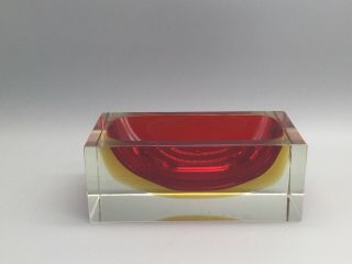 Vintage Murano Red,  Yellow And Clear Sommerso Glass Rectangle Block Bowl