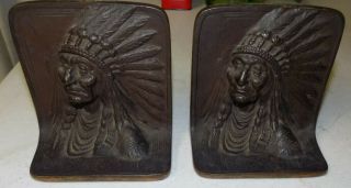 Vintage Cast Iron Brass Bronzed Bookends Native American Indian Chief