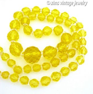 Vintage Art Deco Era Long Bright Yellow Crystal Graduated Bead Necklace 22 "