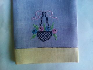 Vintage Purple Linen Tea Towel Hand Embroidery Flower Basket
