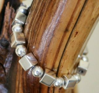 Vtg Mexico Sterling Silver 10 Mm Cubes & Beads Bracelet 26 Grams 7.  5 Inch Taxco