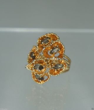 Vintage Gold Plated Cluster Smoked Topaz Ring Signed " Park Lane " Size 5 3/4
