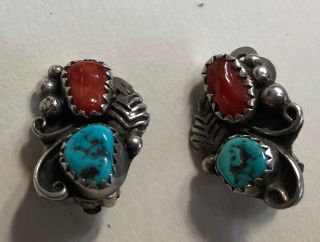 Vintage Navajo Indian Sterling Silver Turquoise & Coral Clip Back Earrings