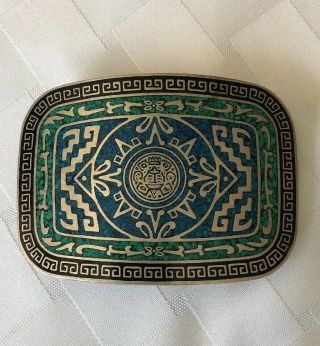 Vintage Taxco Silver Belt Buckle With Blue And Green Inlay Mexico Mexican