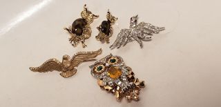 5pc Vintage Pins - Eisenberg - Gerrys - Others - Owls - Birds - Rhinestones - 1in - 1.  5in - Nr