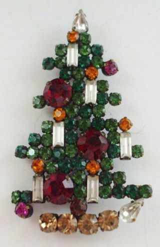 Vintage Austria Rhinestone Christmas Tree Pin Brooch W/6 Candle Sticks