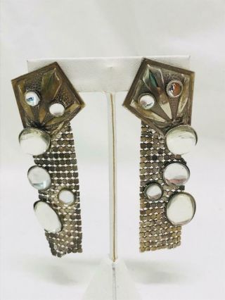 Vintage Silver - Tone Clip - On Earrings Kite Shape With Metal Mesh And Clear Stones