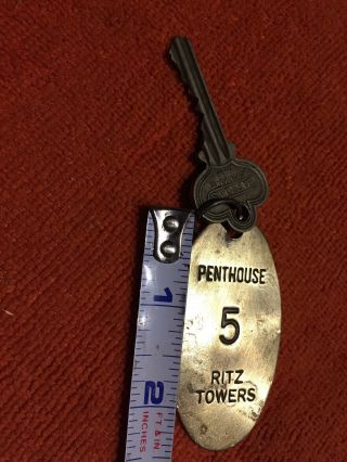 Vintage Ritz Towers Ny Hotel Brass Room Oval Key Fob Holder Penthouse 5 With Key