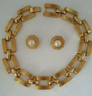 Vintage St.  John Gold Tone Choker Necklace & Faux Mabe Pearl Clip On Earrings