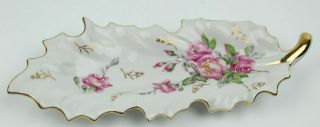 Vintage Porcelain Leaf - Shaped Trinket Dish Rose Floral Gilt Trim Hand - Painted