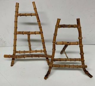 Pair Vintage 12 " 14” Burnt Bamboo Wood Easel Display For Small Art Books Plates
