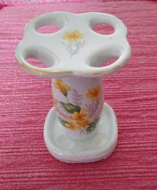 Vintage Ceramic Porcelain Toothbrush Holder Yellow Green Spring Flower Accents 5