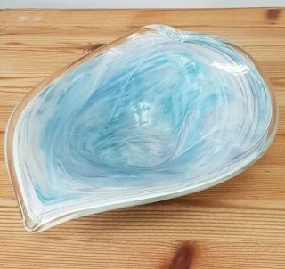 Vintage Murano Glass Dish Bowl Large Blue Leaf Shape Oval