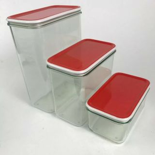 Vintage Rosti Mepal Holland Food Saver Red Clear Canister 3 Pc.  Set Tupperware